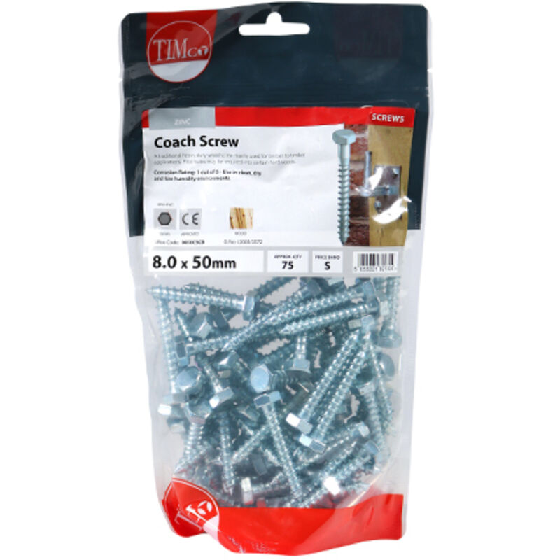 Timco - Coach Screws - Hex - Zinc (Size 8.0 x 50 - 75 Pieces)