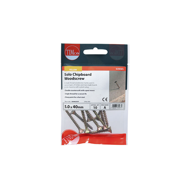 Timco - Solo Woodscrews - PZ - Double Countersunk - Yellow (Size 5.0 x 40 - 10 Pieces)