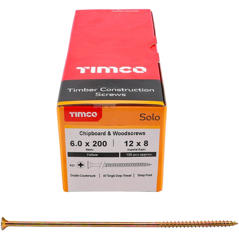 Solo Countersunk Gold Woodscrews - 6.0 x 200 - Timco