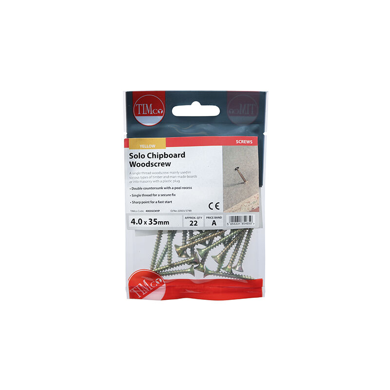 Timco - Solo Woodscrews - PZ - Double Countersunk - Yellow (Size 4.0 x 35 - 22 Pieces)