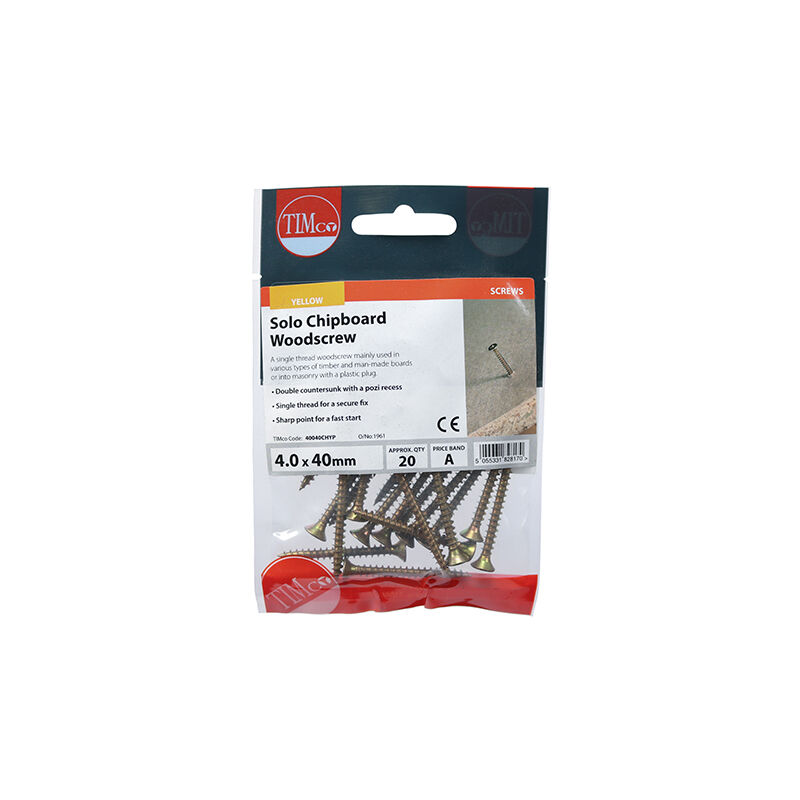 Timco - Solo Woodscrews - PZ - Double Countersunk - Yellow (Size 4.0 x 40 - 20 Pieces)