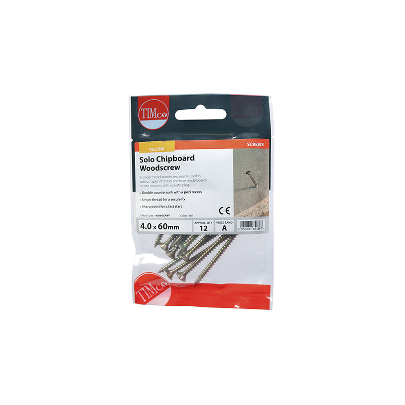 Timco - Solo Woodscrews - PZ - Double Countersunk - Yellow (Size 4.0 x 60 - 12 Pieces)