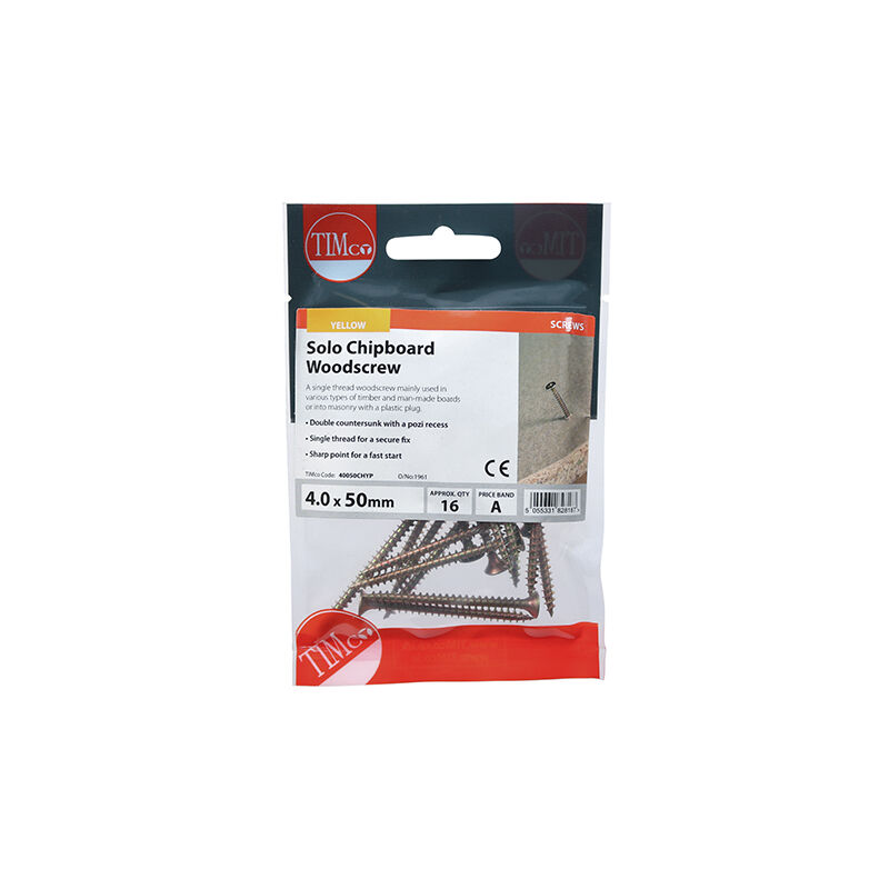 Timco - Solo Countersunk Gold Woodscrews - 4.0 x 50 TIMpac of 16 - 40050CHYP