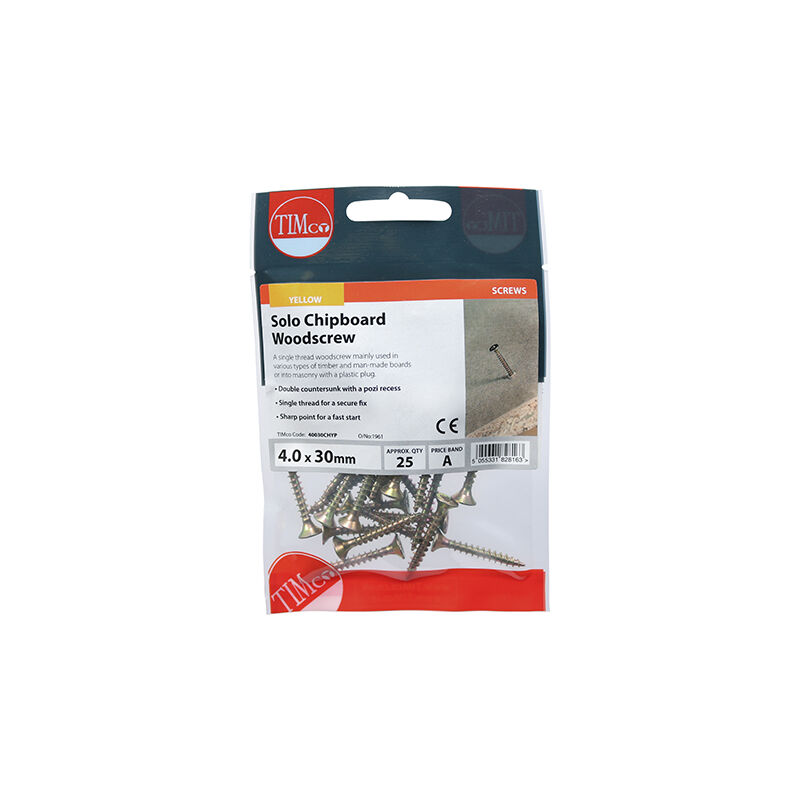 Timco - Solo Countersunk Gold Woodscrews - 4.0 x 30 TIMpac of 25 - 40030CHYP