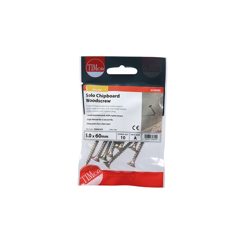 Timco - Solo Countersunk Gold Woodscrews - 5.0 x 60 TIMpac of 10 - 50060CHYP