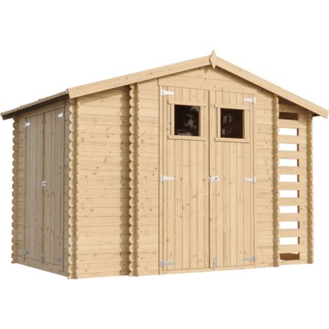 Timbela – Abri de jardin bois M389 – Dimensions extérieures L328 x l206 cm – Toit imperméable – Fenêtres plexiglas intégrées – Local à vélos et bûches - I206xL328xH218