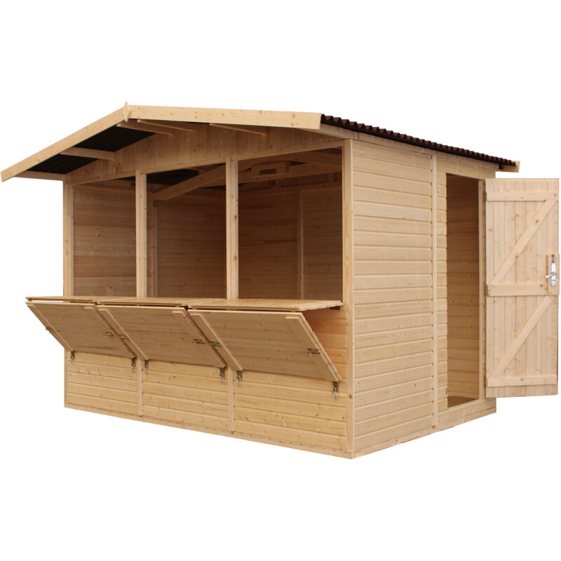 Timbela - Grand stand de vendeur avec comptoir 6 m2, trois fenêtres – extérieures H232x336x263 cm – M150A