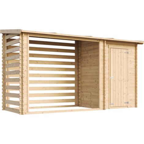 Timbela – Abri de jardin bois M205 – Cabane avec toit plat – Dimensions 344 x 130 cm – Surface 2,54 m² – Idéal pour stockage bois et outils