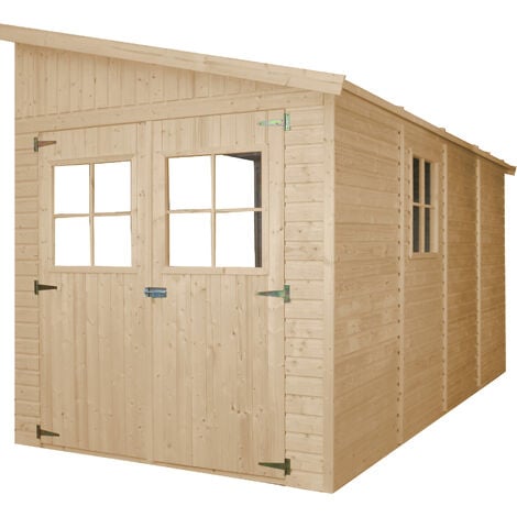 TIMBELA M340 Abri de Jardin en Bois Naturel (sans paroi latérale)- Stockage extérieur avec fenêtres- H243x216x416 cm/8 m2, hangar en bois naturel - Atelier rangement outils et vélos