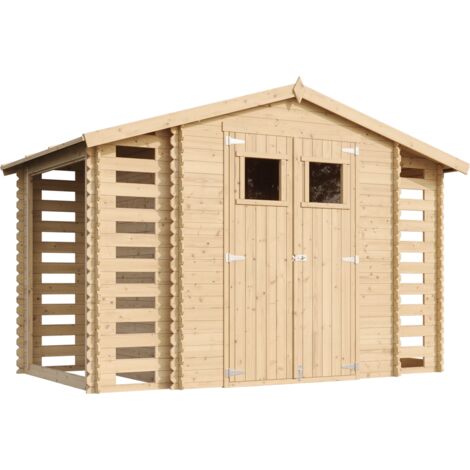 TIMBELA M391+M391G Caseta de madera para jardín con 2 leñeras - caseta de pino / abeto - H218 x 328 x 206 cm / 3,53 + 0,97 + 0,97 m2