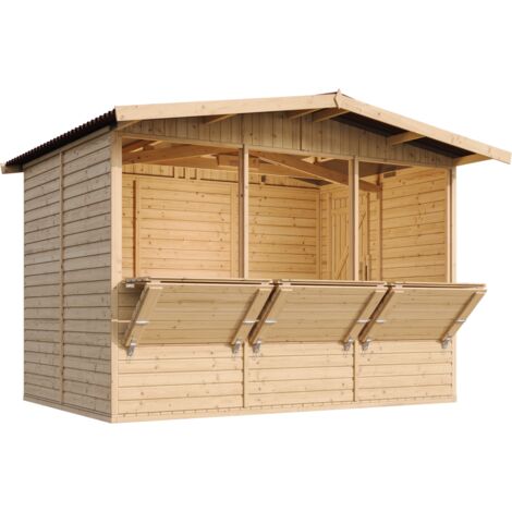 Timbela – Maison de jardin en bois M150A – Grand stand de vendeur avec comptoir – 3 fenêtres – H232x336x263 cm – Facile à monter et démonter