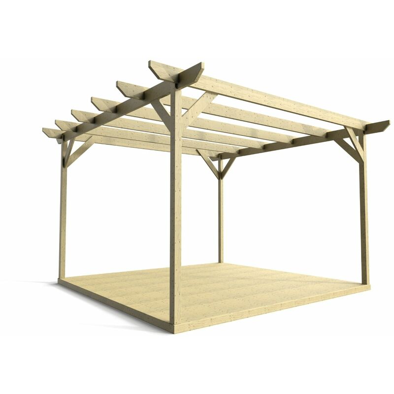 Timber Pergola and Decking Complete diy Kit, Chamfered design (3m x 3m, Light green (natural) finish) - Natural (light green)