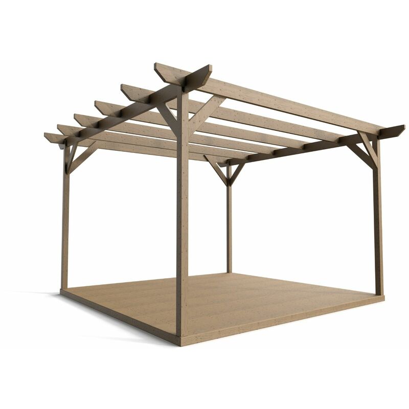 Timber Pergola and Decking Complete diy Kit, Chamfered design (3.6m x 3.6m, Rustic brown finish) - Rustic brown