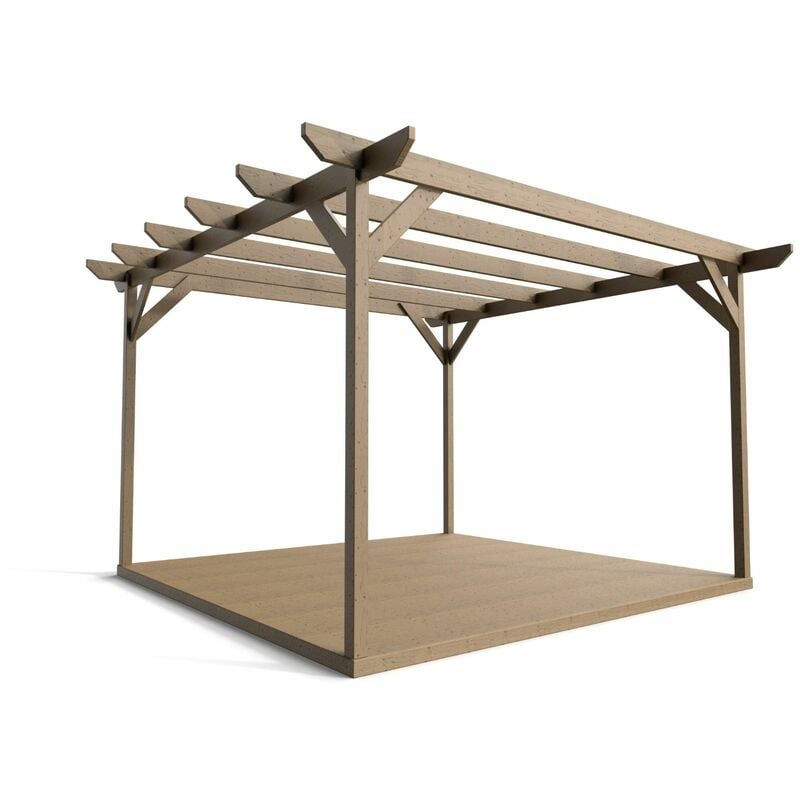 Timber Pergola and Decking Complete DIY Kit, Chamfered design (2.4m x 2.4m, Rustic brown finish)