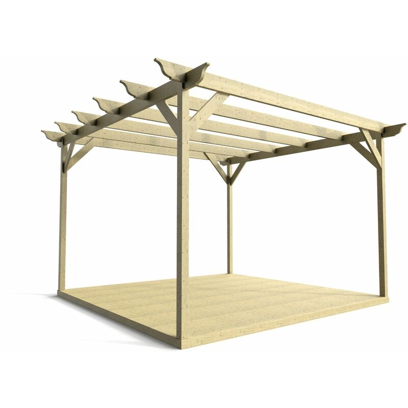 Timber Pergola and Decking Complete diy Kit, Longhorn design (4.8m x 4.8m, Light green (natural) finish) - Natural (light green)