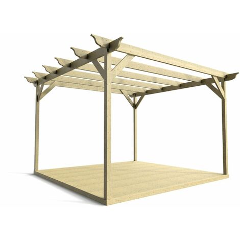 Timber Pergola and Decking Complete DIY Kit, Longhorn design (3m x 3m, Light green (natural) finish)