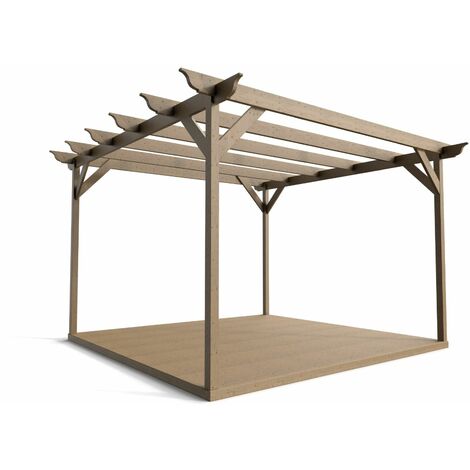 Timber Pergola and Decking Complete DIY Kit, Longhorn design (3m x 3m, Rustic brown finish)