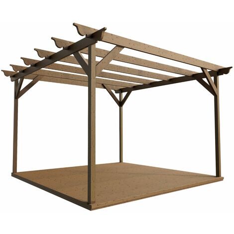 Timber Pergola and Decking Complete DIY Kit, Ovolo design (3m x 3m, Rustic brown finish)