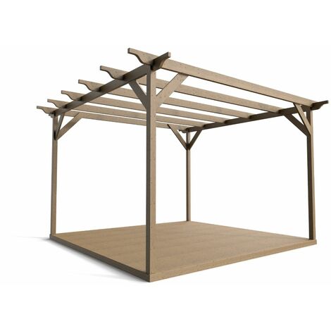 Timber Pergola and Decking Complete DIY Kit, Sculpted design (3m x 3m, Rustic brown finish)