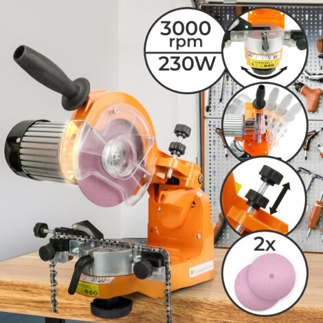 TIMBERTECH® Afilador de Motosierra - Eléctrico, 230 W, 3000 r/min, Ajustable, 2 Muelas de Esmerilado, Montaje en Pared o Mesa - Herramienta de Afilado de Motosierras, Afilador de Cadenas