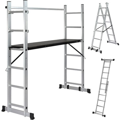 ECOMSOF Timbertech® Andamio - Multifunción 4 en 1, Extensible, Aluminio, Portátil, Ligero - Escalera Plegable, Escaleras de Aluminio, Plataforma con Ruedas, Plataforma de Trabajo, Escalera Andamio