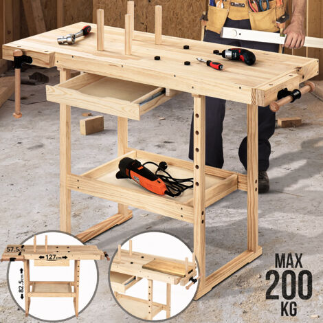 TIMBERTECH® Banco de Carpintero - 127x58x83 cm, de Madera Maciza, con Mordaza de Sujeción, Cajones, Estante, Carga Máxima de 200 kg - Mesa, Banco de Trabajo, Multifuncional, para Carpintería