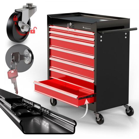 TIMBERTECH® Carro de Taller - con 7 Cajones, 61.5 x 33 x 77.5, Construcción de Acero, con Cerradura, Rojo-Negro - Gabinete de Herramientas Móvil