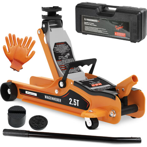 Timbertech® Gato Hidráulico - 2,5 Toneladas, 53x21x13 cm, Perfil Bajo, con Ruedas, Maletín y Guantes XL, Naranja - Elevador Coche, Gato para Coche, Car Jack, Auto Taller, Carro Herramientas