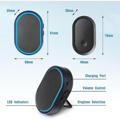 Timbre inalámbrico exterior resistente al agua, timbre a pilas de 300 m, timbre electrónico exterior resistente al agua IP55 con receptores, 60 melodías en 5 niveles de volumen para el hogar y la ofic