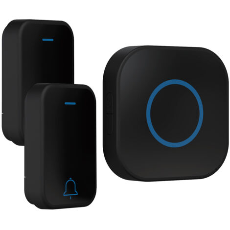 Timbre inalámbrico para el hogar: timbre de 2 botones y receptor de 1 timbre, funciona con pilas, alcance de 300 metros, timbre inalámbrico con luz LED intermitente, color negro.