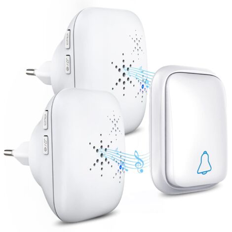 Timbre inalámbrico, resistente al agua, con 2 receptores, clasificación de impermeabilidad IP68, alcance de 150 m, 4 niveles de volumen, 37 tonos de llamada, sin pilas, blanco.