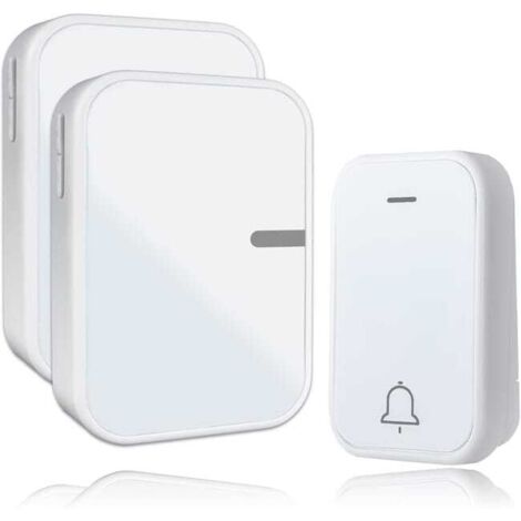 Timbre inalámbrico, resistente al agua IP44 para uso interior y exterior, sin pilas, 38 melodías y 4 niveles de volumen, 1 transmisor y 2 receptores, alcance de 150 m.