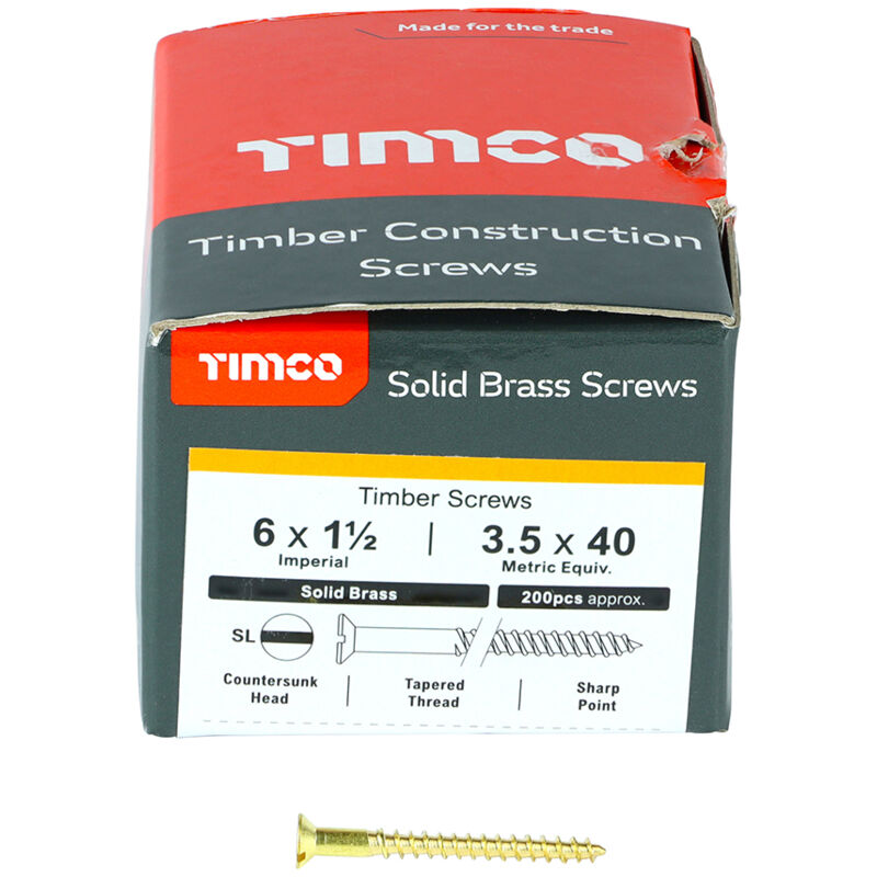Timco - Solid Brass Timber Screws - SLOT - Countersunk (Size 6 x 1 1/2 - 200 Pieces)