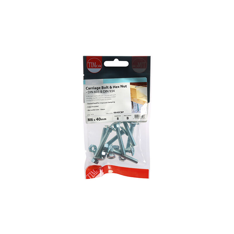 Timco - Carriage Bolts DIN603 & Hex Full Nut DIN934 Silver - M6 x 40