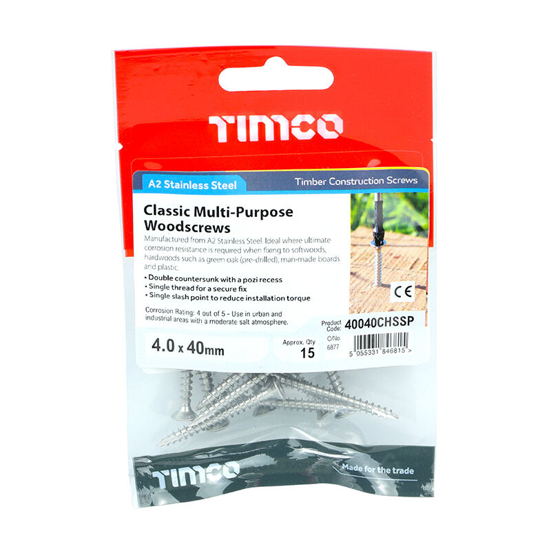 Timco - Classic Multi-Purpose Screws - PZ - Double Countersunk - Stainless Steel (Size 4.0 x 40 - 15 Pieces)