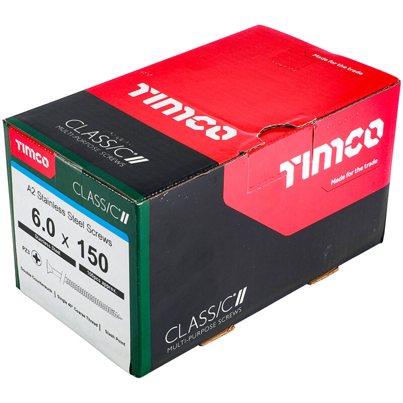 Timco - Classic Multi-Purpose Screws - PZ - Double Countersunk - A2 Stainless Steel (Size 6.0 x 150 - 100 Pieces)