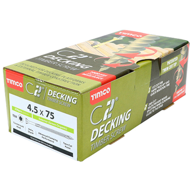 Timco - C2 Deck-Fix Premium Decking Screws - TX - Countersunk - Exterior - Green (Size 4.5 x 75 - 250 Pieces)