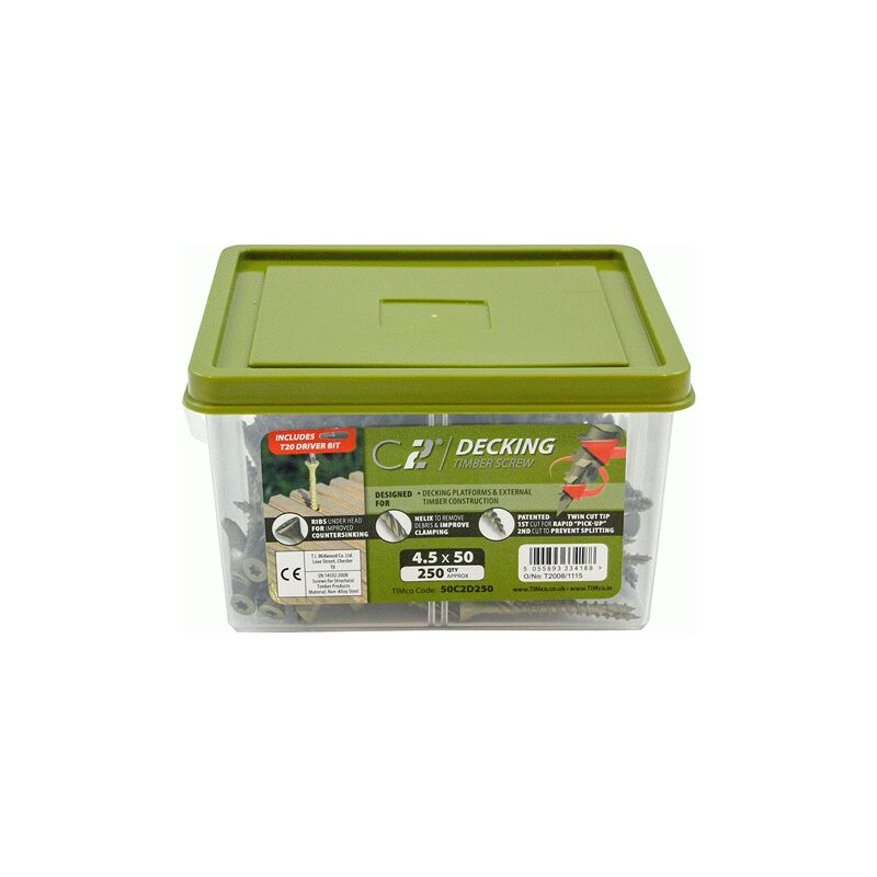Timco - C2 Deck-Fix Premium Decking Screws - TUB - TX - Countersunk - Exterior - Green (Size 4.5 x 65 - 250 Pieces)