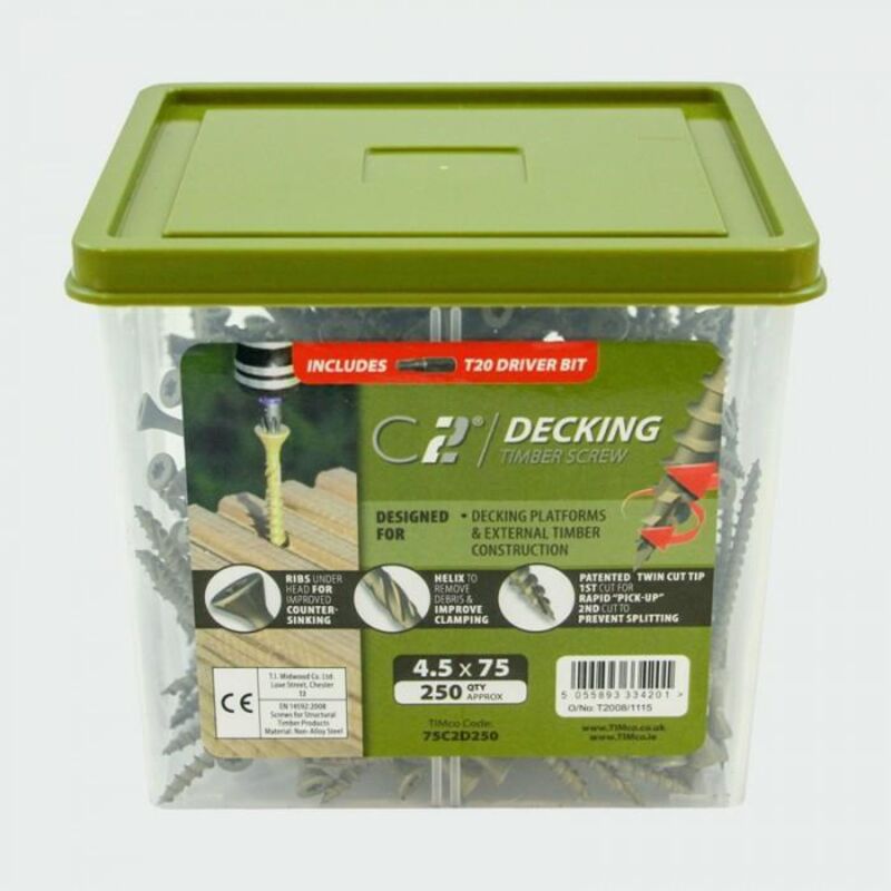 Timco - C2 Deck-Fix Premium Decking Screws - TUB - TX - Countersunk - Exterior - Green (Size 4.5 x 50 - 250 Pieces)
