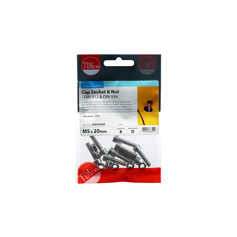 Timco - Socket Screws & Hex Nuts - Cap - Stainless Steel (Size M5 x 20 - 8 Pieces)