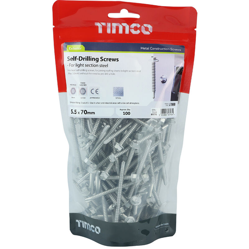 Timco - Self-Drilling Screws - Hex - For Light Section Steel - Exterior - Silver (Size 5.5 x 70 - 100 Pieces)