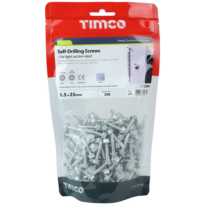 Timco - Self-Drilling Screws - Hex - For Light Section Steel - Exterior - Silver (Size 5.5 x 25 - 200 Pieces)