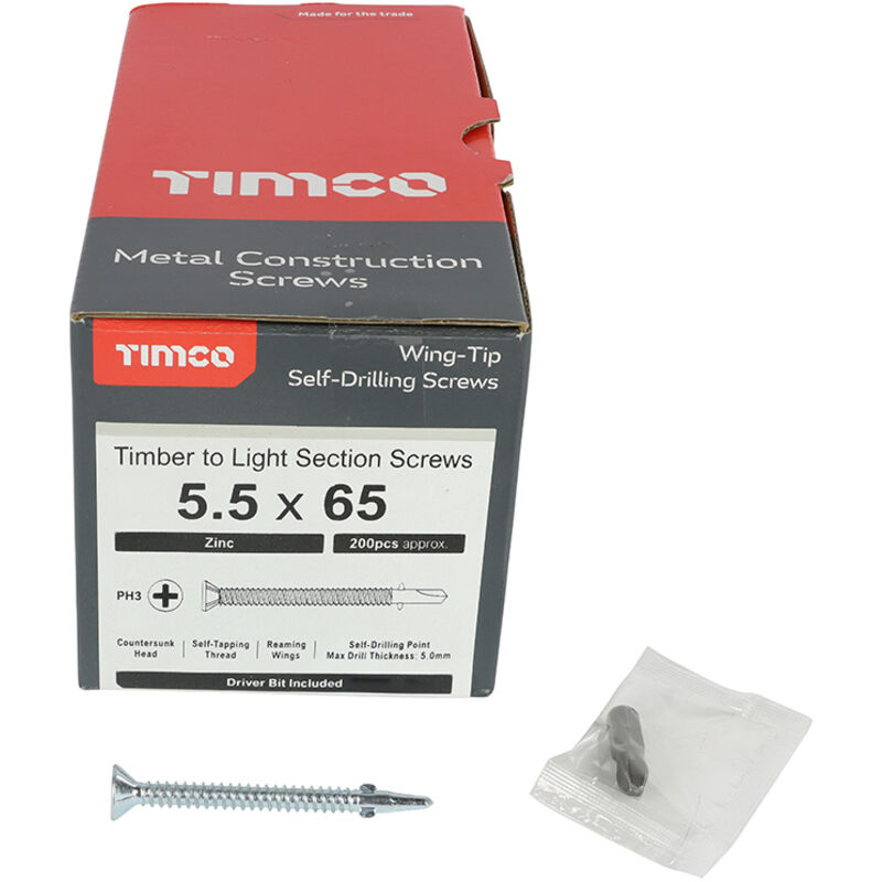 Timco - Metal Construction Timber to Light Section Screws - Countersunk - Wing-Tip - Self-Drilling - Zinc (Size 5.5 x 65 - 200 Pieces)