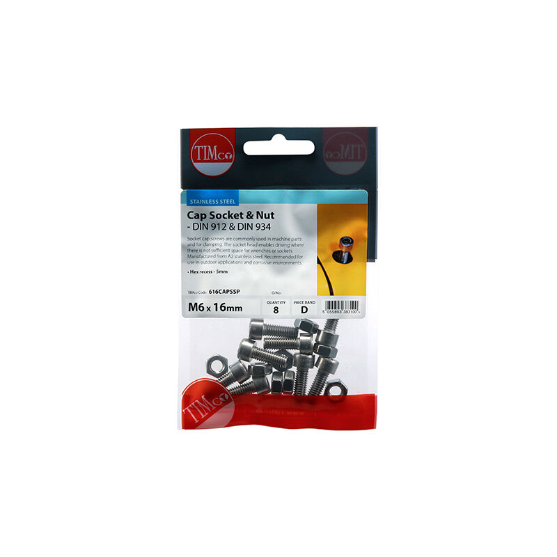 Timco - Socket Screws & Hex Nuts - Cap - Stainless Steel (Size M6 x 16 - 8 Pieces)