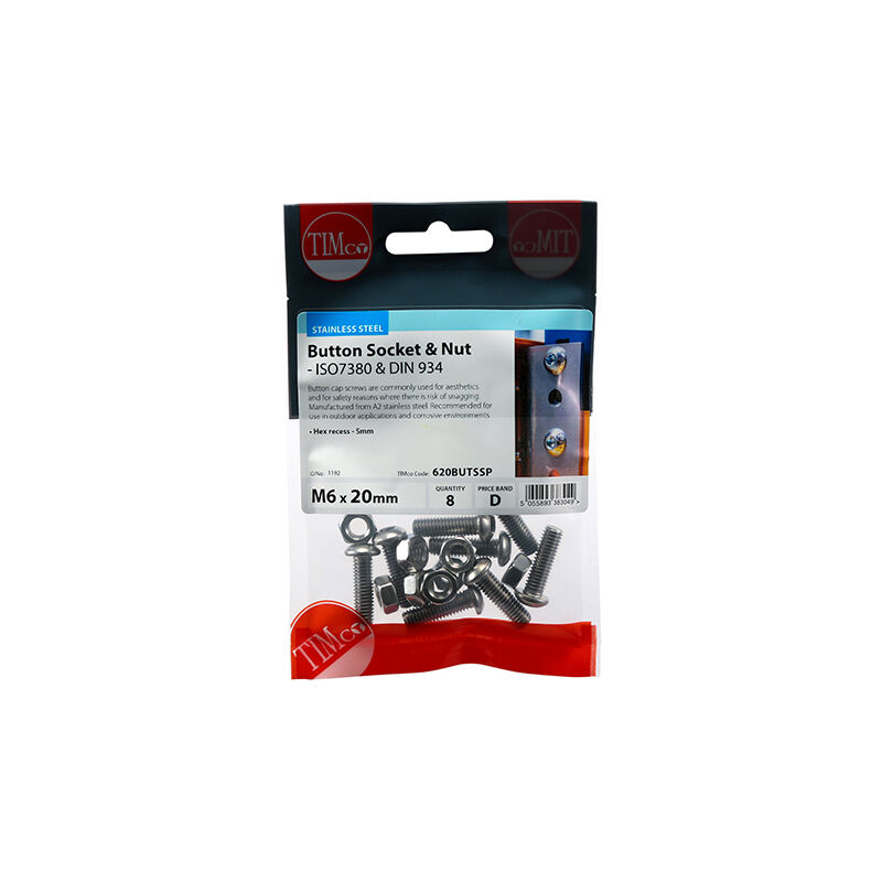 Timco - Socket Screws & Hex Nuts - Button - Stainless Steel (Size M6 x 20 - 8 Pieces)