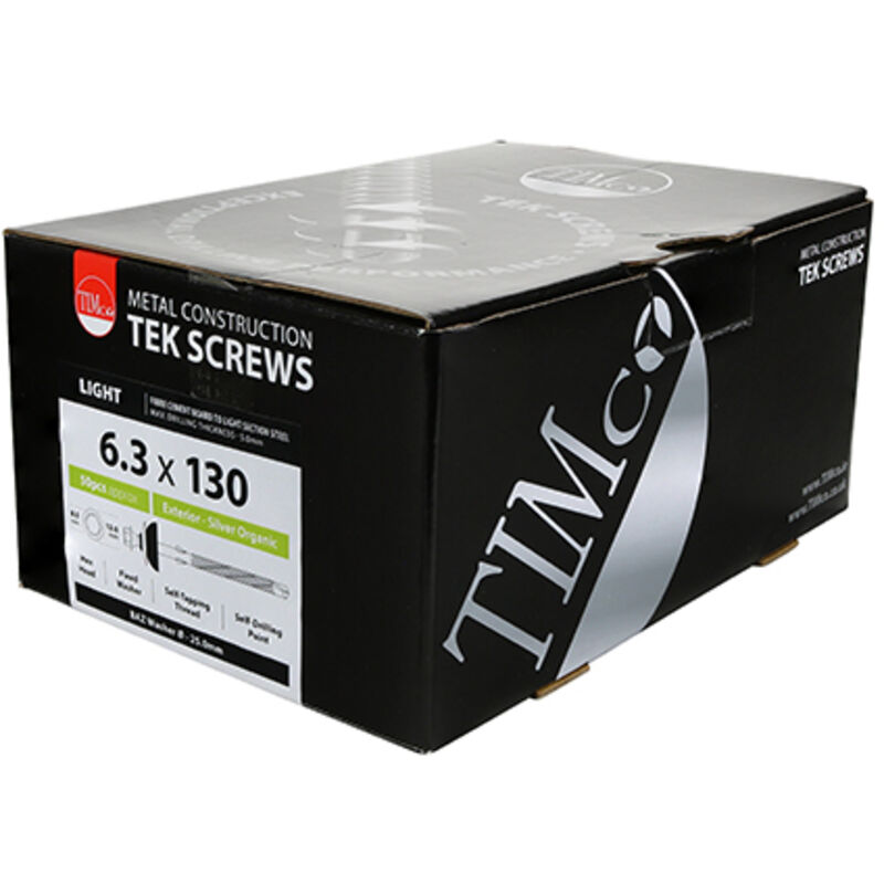 Timco - Metal Construction Fibre Cement Board to Light Section Screws - Hex - Self-Drilling - Exterior - Silver Organic (Size 6.3 x 130 - 50 Pieces)