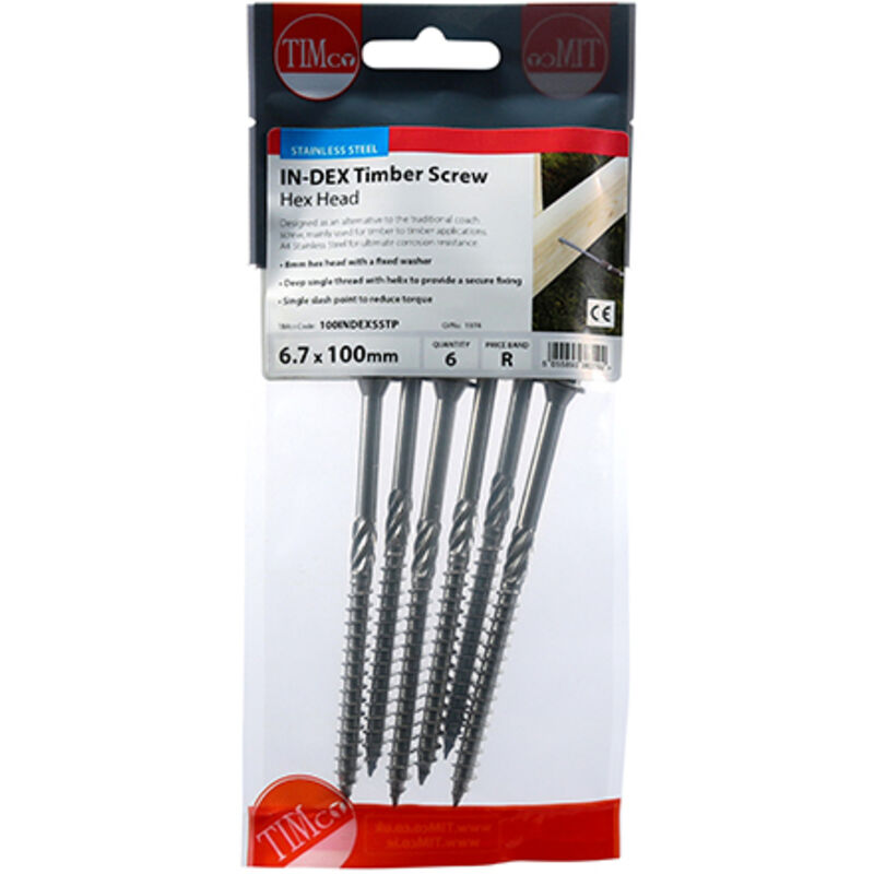 Timco - Timber Screws - Hex - Stainless Steel (Size 6.7 x 100 - 6 Pieces)