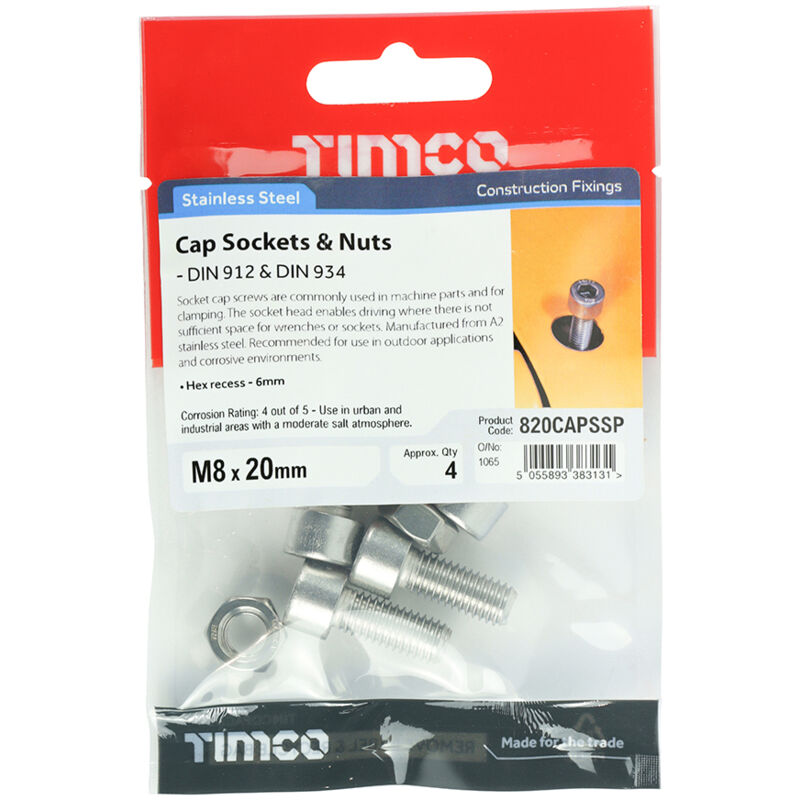 Timco - Socket Screws & Hex Nuts - Cap - Stainless Steel (Size M8 x 20 - 4 Pieces)
