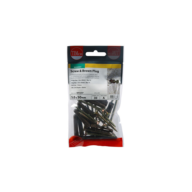 Timco - Brown Premium Plastic Plugs With Twin-Threaded Countersunk Silver Woodscrews - 35mm Brown Plug, 5.0x50 Screw