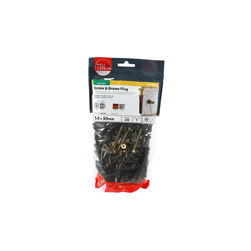 Timco - Brown Premium Plastic Plugs With Twin-Threaded Countersunk Silver Woodscrews - 35mm Brown Plug, 5.0x50 Screw